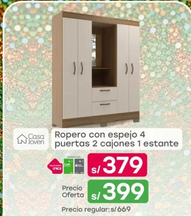Casa Joven - Ropero con espejo 4 puertas 2 cajones 1 estante