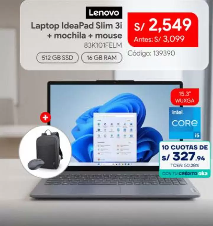 Lenovo - Laptop IdeaPad Slim 3i + mochila + mouse 83K101FELM