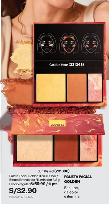 Avon - Paleta Facial Golden 3 en 1 Rubor, Efecto Bronceado, Iluminador