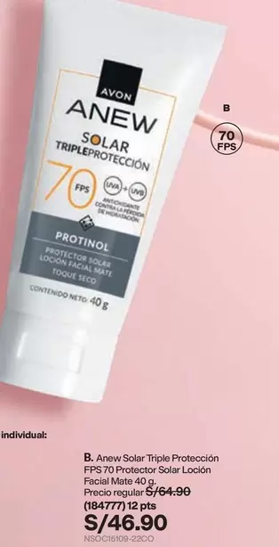 Avon - Anew Solar Triple Protección FPS 70 Protector Solar Loción Facial Mate