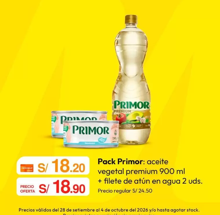 Primor - aceite vegetal premium 900 ml + filete de atún en agua 2 uds.