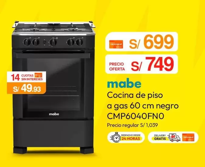 Mabe - Cocina de piso a gas 60 cm negro CMP6040FNO