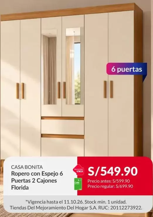 Florida - Ropero con Espejo 6 Puertas 2 Cajones