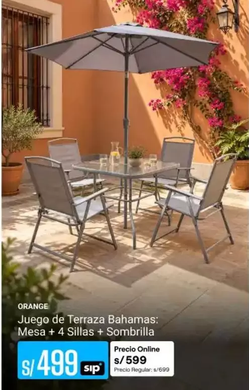 Orange - Juego de Terraza Bahamas: Mesa + 4 Sillas + Sombrilla