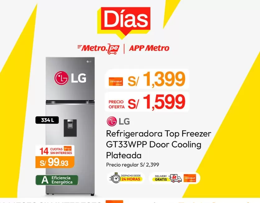 Lg - Refrigeradora Top Freezer GT33WPP Door Cooling Plateada