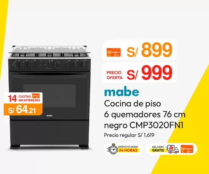 Mabe - Cocina de piso 6 quemadores 76 cm negro CMP3020FN1
