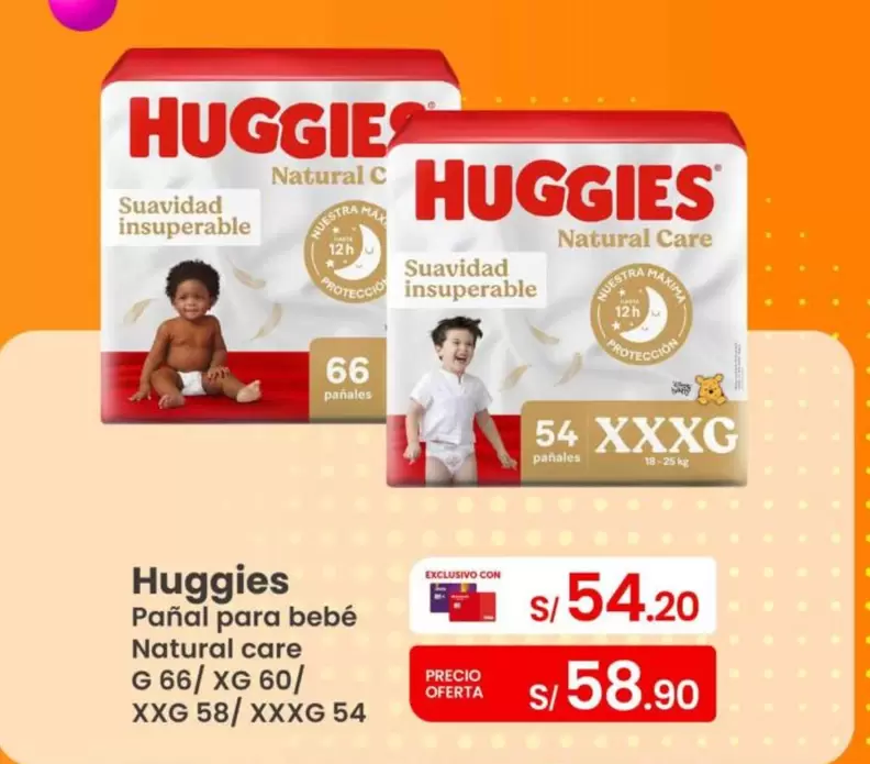 Huggies - Pañal para bebé Natural care G 66/ XG 60/ XXG 58/ XXXG 54