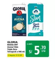 Gloria - Bebida UHT Avena/ Slim Triple Zero