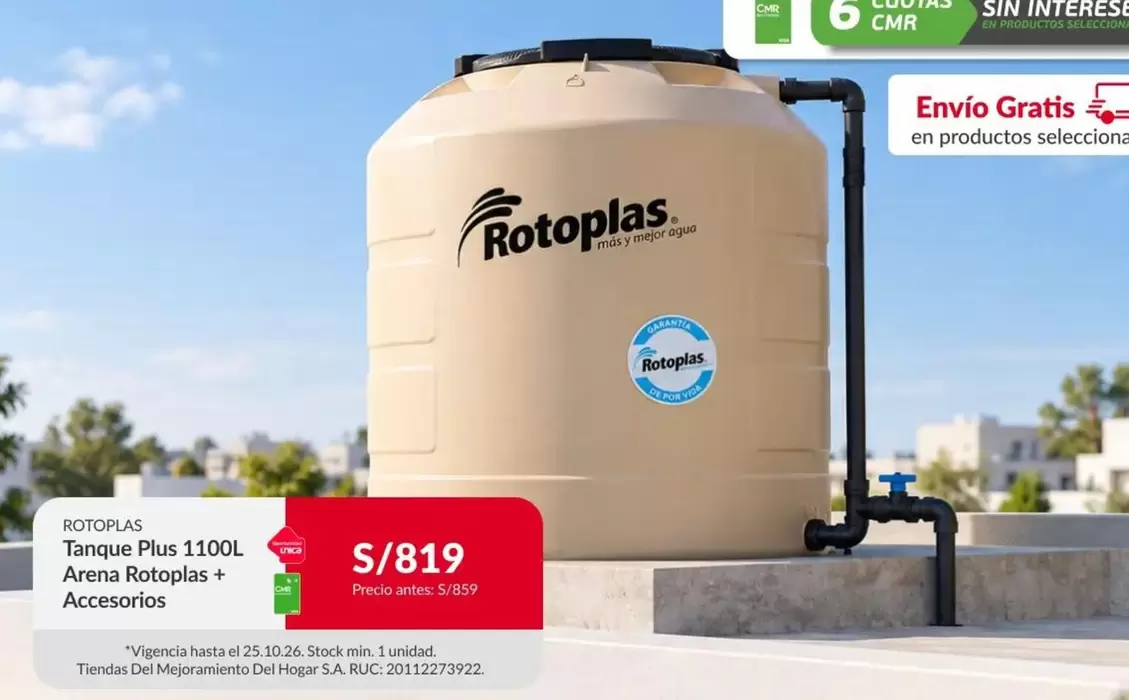 Rotoplas - Tanque Plus 1100L Arena + Accesorios