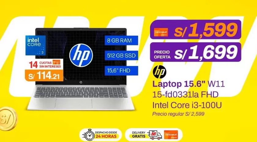 Hp - Laptop 15.6" W11 15-fd0331la FHD Intel Core i3-100U