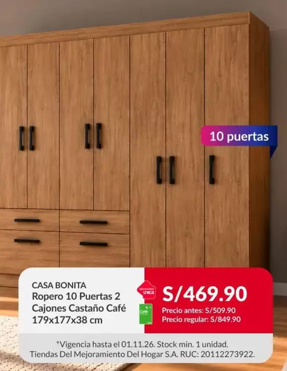 Ropero 10 Puertas 2 Cajones Castaño Café 179x177x38 cm
