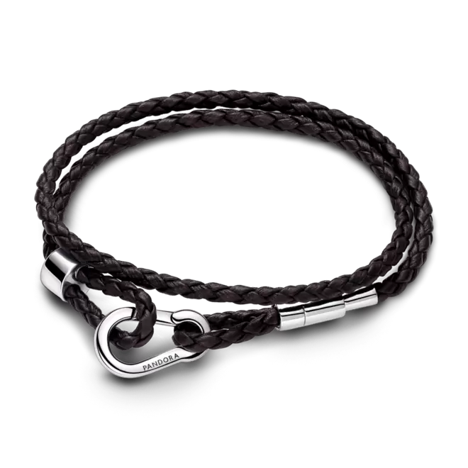 Brazalete Pandora Moments en Cuero Trenzado Doble Marrón