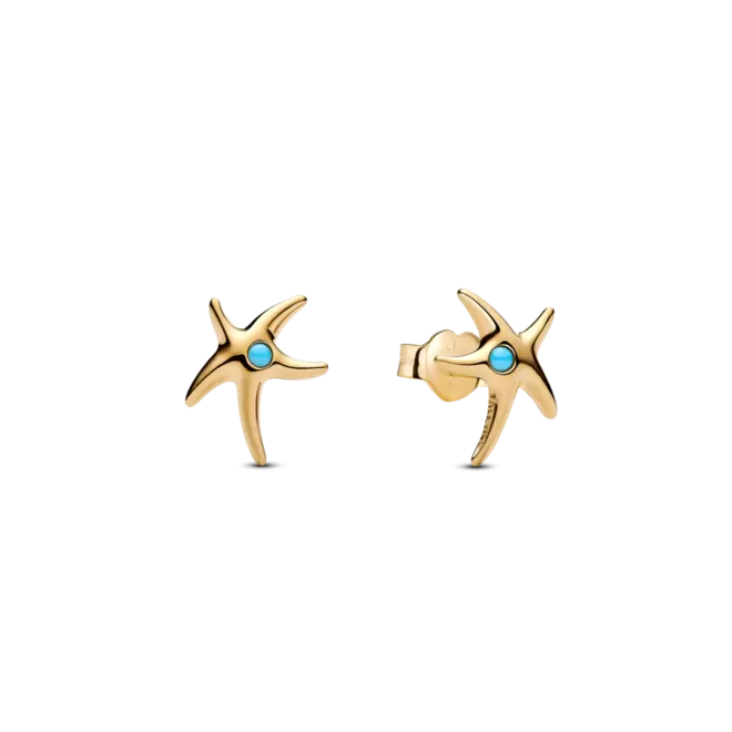 Aretes de Botón Estrella de mar con recubrimiento en oro de 14k con cristal azul Capri
