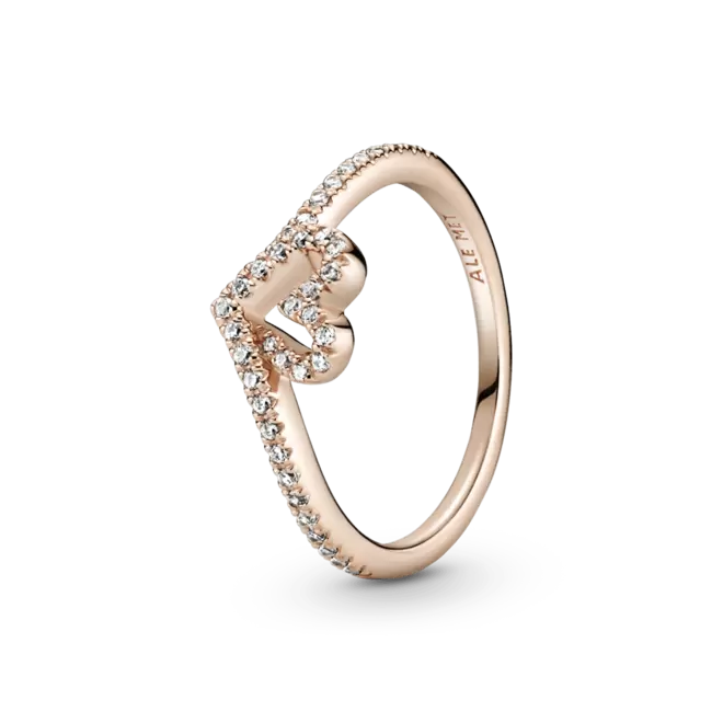 Anillo Hueso de los deseos con corazón reluciente Recubrimiento en Oro Rosa de 14k