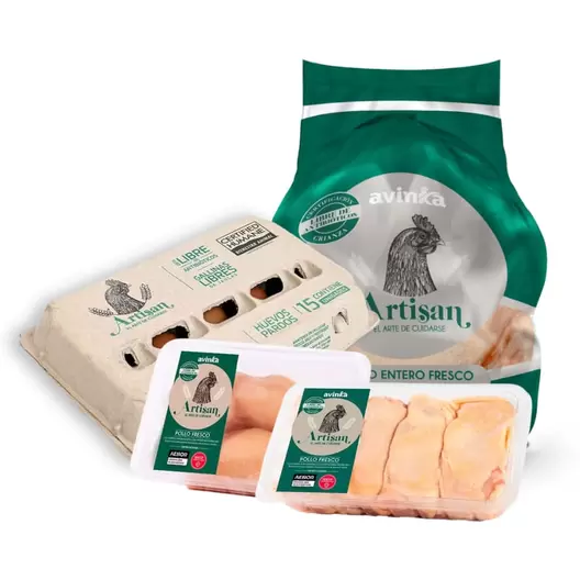 Pack Artisan Pollo entero Bolsa 2 kg+ Filete de pechuga  Bandeja 450 g + Huevos Bandeja 15 unidades + Muslos Artisan Bandeja 500 g