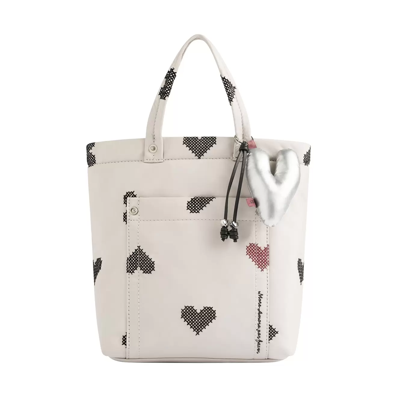 Cartera Tote De Nylon Bordado Corazones