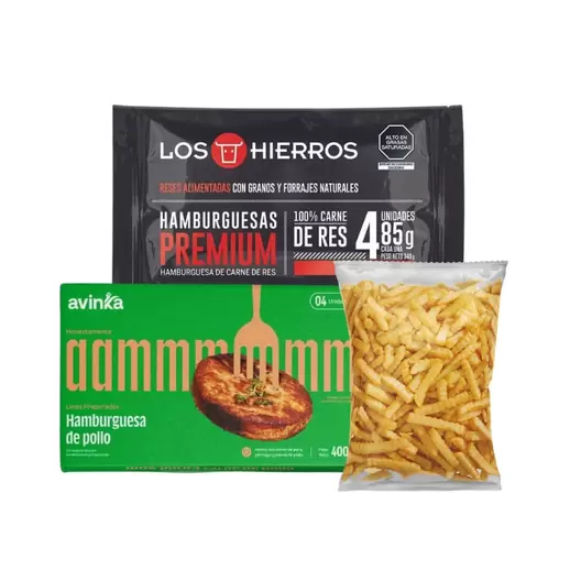 Pack Hamburguesa de res premium clásica 340 g + Hamburguesa de pollo 4 unidades + Papas ondeadas 450 g