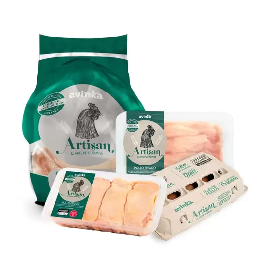 Pack Artisan Pollo entero Bolsa 1.8 a 2 kg + Muslos Bandeja 500 g + Huevos Bandeja 15 unidades + Strips de pechuga Bandeja 450 g