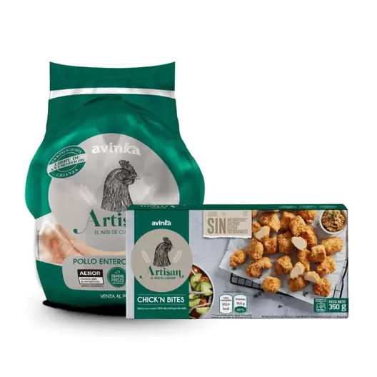 Pack Pollo entero Artisan Bolsa 1.8 a 2 kg + Chick´n bites Artisan Caja 350 g