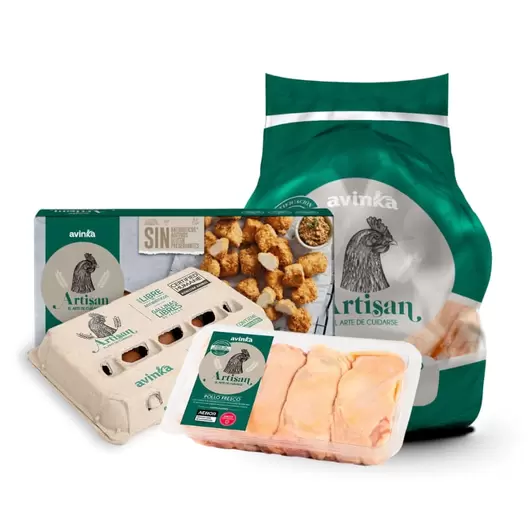 Pack Chick´n bites Artisan Caja 350 g + Pollo entero Artisan Bolsa 1.8 a 2 kg + Muslos Artisan Bandeja 500 g + Huevos Artisan Bandeja 15 unidades