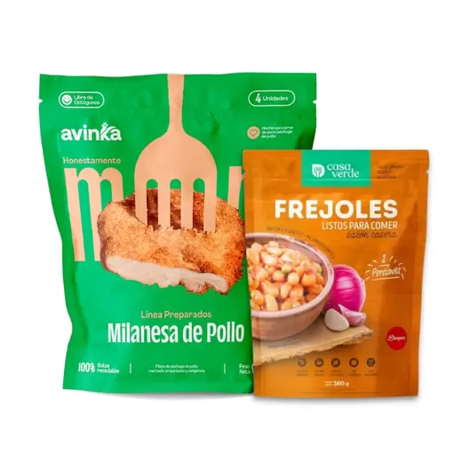 Pack Milanesa de pollo Avinka Doypack 4 unidades + Frejoles listos para comer Casa verde 360 g