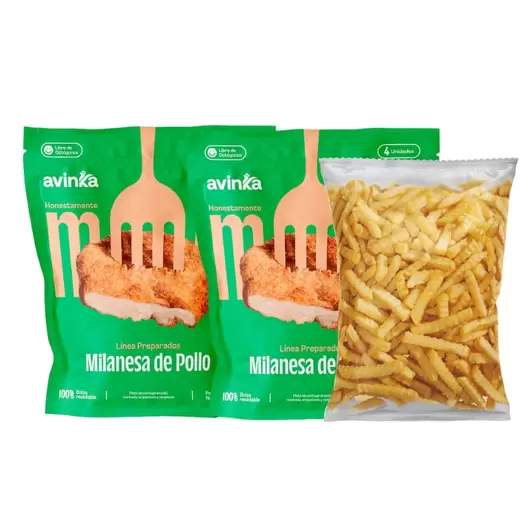 Pack 02 Milanesa de pollo Avinka Doypack 4 unidades + Papa prefrita ondulada Bolsa 450 g