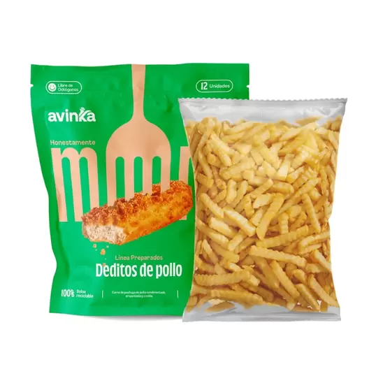 Pack Deditos de pollo Avinka Doypack 276 g + Papa prefrita ondulada Bolsa 450 g