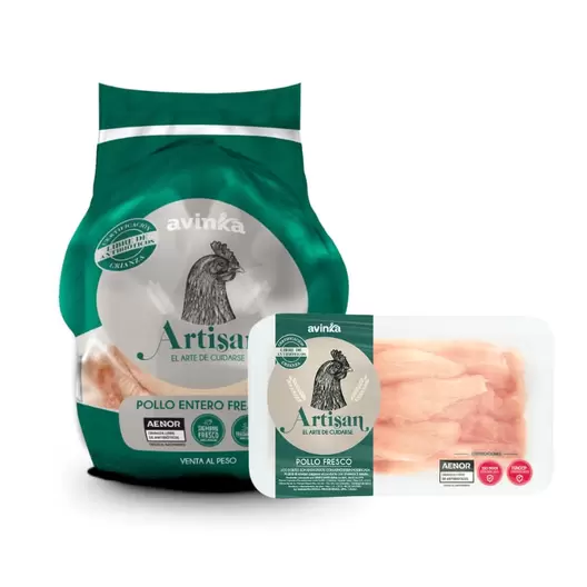 Pack Pollo entero Artisan Bolsa 1.8 a 2 kg + Strips de pechuga Artisan Bandeja 450 g