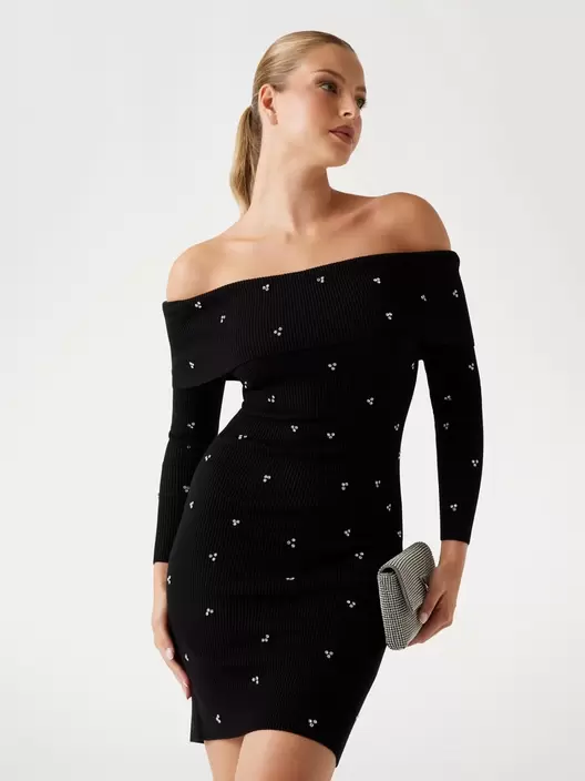 Vestido jersey mini de punto con pedrería