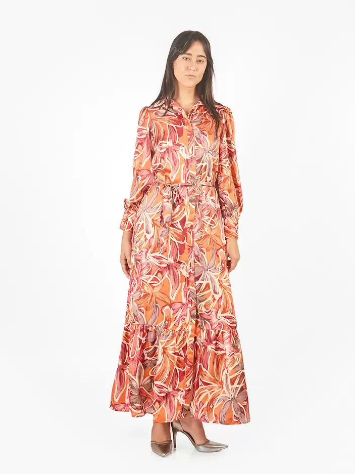 Vestido maxi camisero estampado floral lazo cinturón