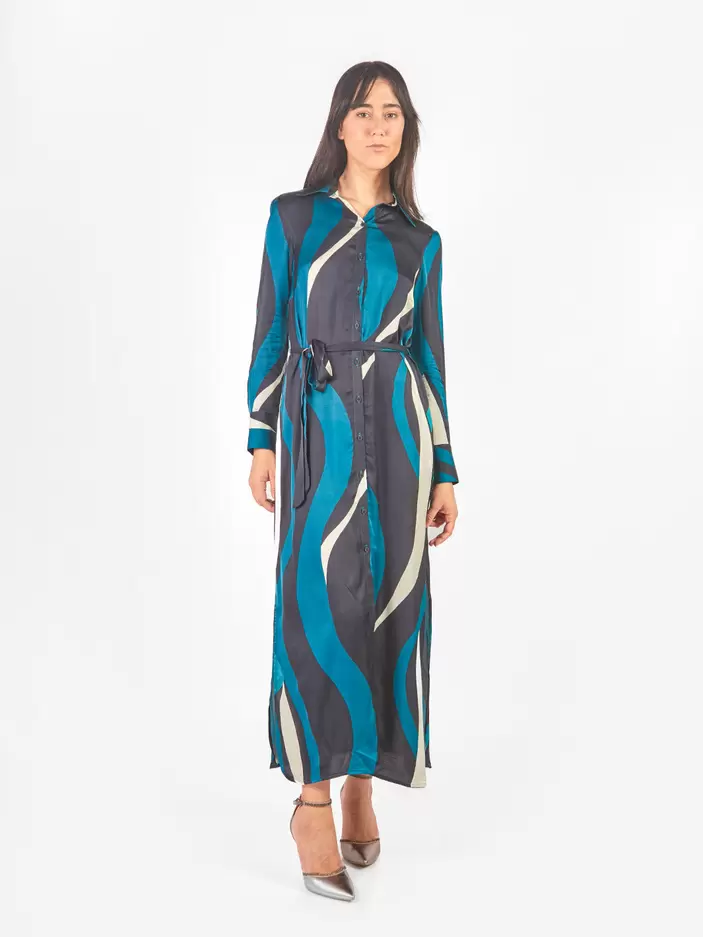 Vestido maxi camisero estampado ondas lazo cinturón