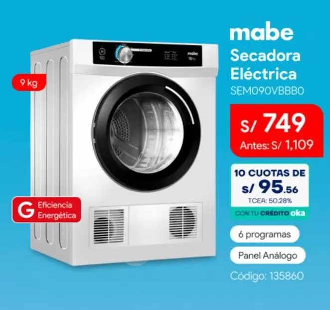 Mabe - Secadora Eléctrica SEM090VB BB0