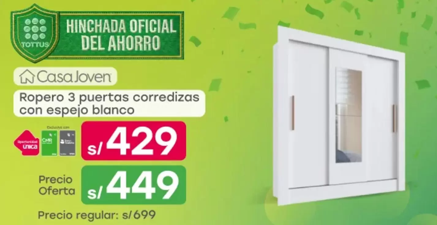 Casa Joven - Ropero 3 puertas corredizas con espejo blanco