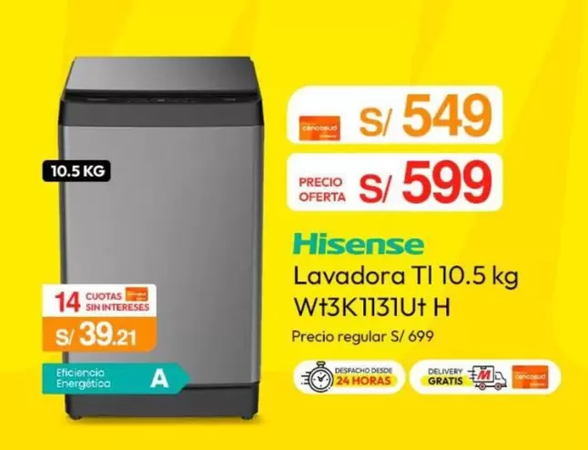 Hisense - Lavadora Tl 10.5 kg Wt3k1131ut H