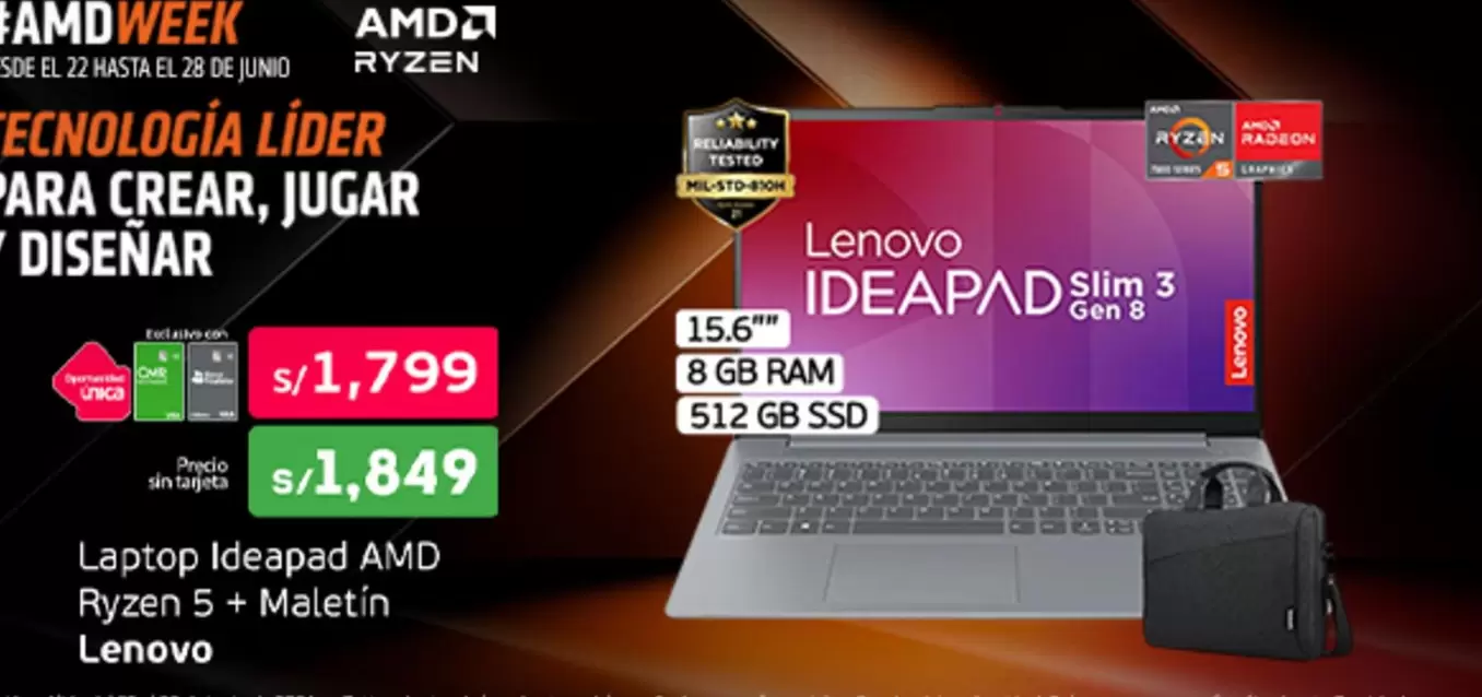 Lenovo - Laptop Ideapad AMD Ryzen 5 + Maletin
