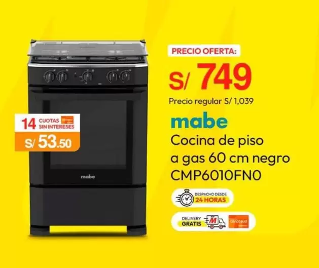 Mabe - Cocina de piso a gas 60 cm negro CMP6010FNO