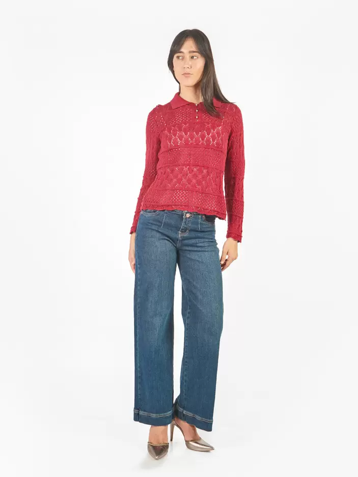 Pantalón denim recto con cintura desflecada