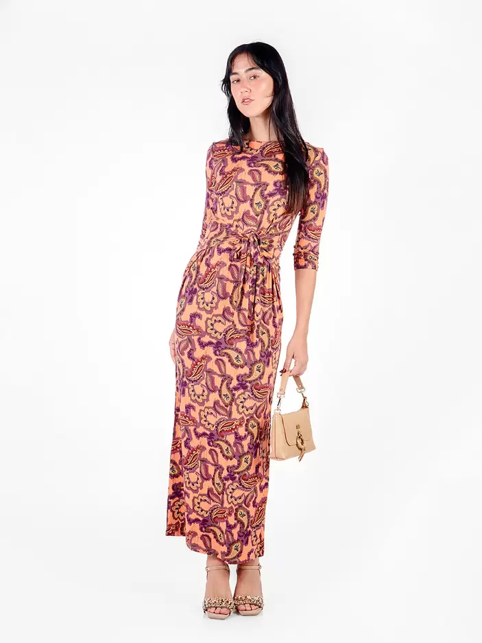 Vestido largo manga 3/4 con lazo