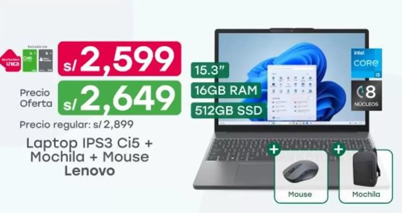 Lenovo - Laptop IPS3 Ci5 + Mochila + Mouse