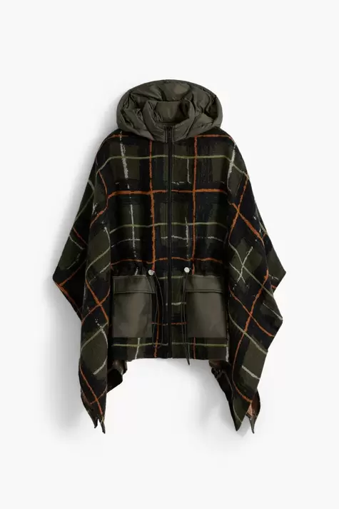 Poncho cuadros capucha acolchada