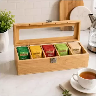 Organizador Porta Infusiones De Bambú Con Tapa De Vidrio 5 Compartimientos
