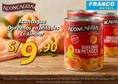 Catálogo Franco Supermercado en Tacna | Aconcagua duraznos en mitades en almibar | 2026-04-16T00:00:00.000Z - 2026-04-30T00:00:00.000Z