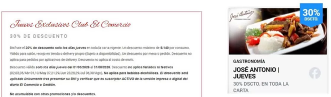 Catálogo José  Antonio Restaurante | Jueves exlusivos club el comercio  | 2026-04-21T00:00:00.000Z - 2026-08-31T00:00:00.000Z