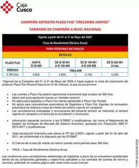 Catálogo Caja Municipal Cusco en Lima | TARIFARIO DE CAMPAÑA A NIVEL NACIONAL | 2026-05-11T00:00:00.000Z - 2026-05-31T00:00:00.000Z