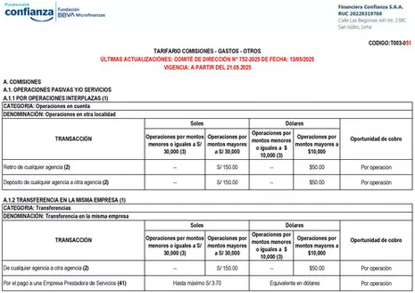 Catálogo Financiera Confianza en Huancayo | Tarifario comisiones | 2025-08-13T00:00:00.000Z - 2025-12-31T00:00:00.000Z