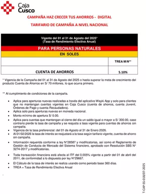 Catálogo Caja Municipal Cusco | Tarifario de campana a nivel nacional  | 2025-08-19T00:00:00.000Z - 2025-08-31T00:00:00.000Z