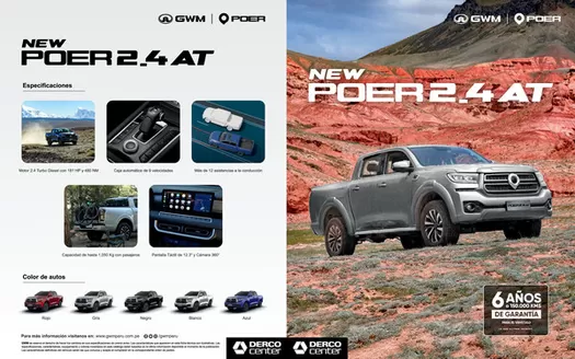 Catálogo Derco en Cusco | Great Wall Poer 2.4 Automática Poer 2.4 AT 2026 | 2026-09-07T00:00:00.000Z - 2026-09-21T00:00:00.000Z