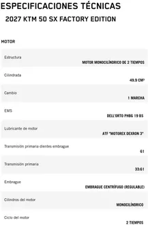Catálogo KTM | 2027 ktm 50 sx factoryedition | 2026-09-23T00:00:00.000Z - 2026-10-07T00:00:00.000Z