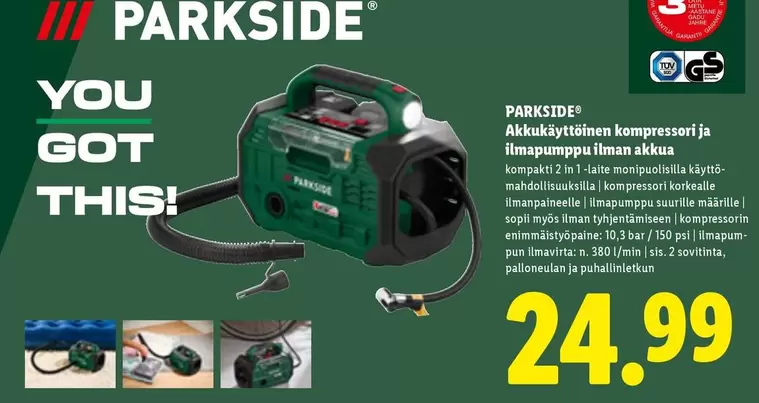Akkukäyttöinen kompressori ja ilmapumppu ilman akkua