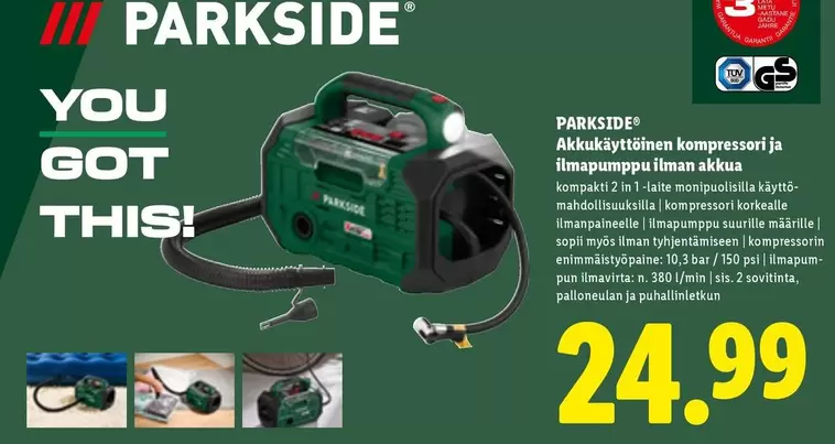 Akkukäyttöinen kompressori ja ilmapumppu ilman akkua